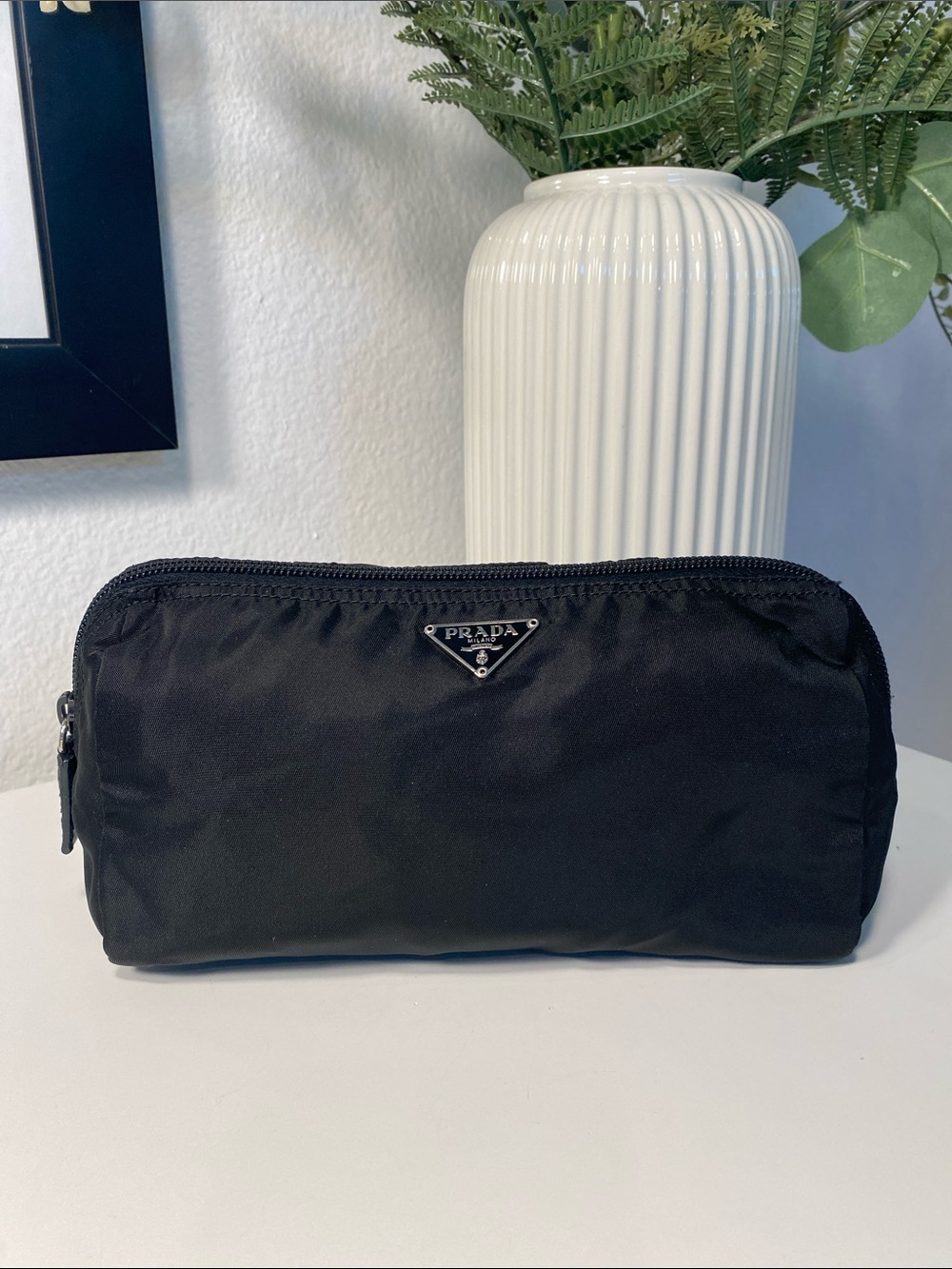 PRADA Vela Tessuto Nylon Triangular Cosmetic Bag In Black